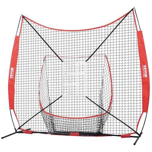 VEVOR 7x7 ft Baseball Softball Practice Net, Portable Baseball Training Net for Hitting Catching Pitching, Backstop Equipment with Bow Frame, Carry Bag, Strike Zone, 12 Balls, Tee, and Ball Caddy