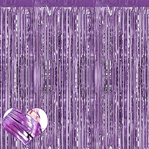 4 Pack Light Purple Fringe Curtain Backdrop, 3.2Ft x 6.6Ft Metallic Tinsel Foil Fringe Streamers Curtains Background for P...