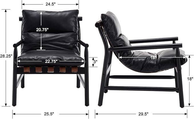 Faux Leather Accent Chair Set of 2 Mid Century Modern Living Room Chairs Comfy Arm Chair with Solid Wood Frame Upholstered Lounge Reading Chair Cozy Recliner for Bedroom/Guest Room, Black