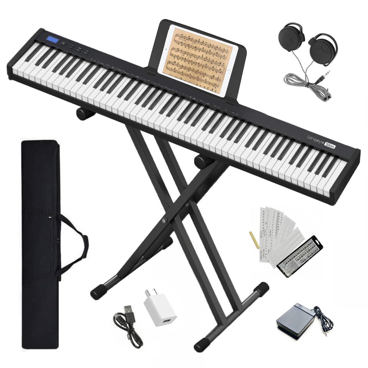 Longeye Piano Keyboard 88 Keys Compact Digital Piano for Beginners with Full Size Semi Weighted Keys, Sustain Pedal, Headphones, Carrying Case (88 Key With Stand, Black)
