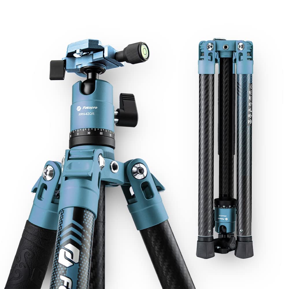 Fotopro Carbon Fiber Tripod 60 Inch 360 Degree Ball Head Quick Release Plate Lightweight Camera Tripod for Travel Folded Height Only 14.2", Max Loads up to 22lbs, X-Aircross 3 Blue