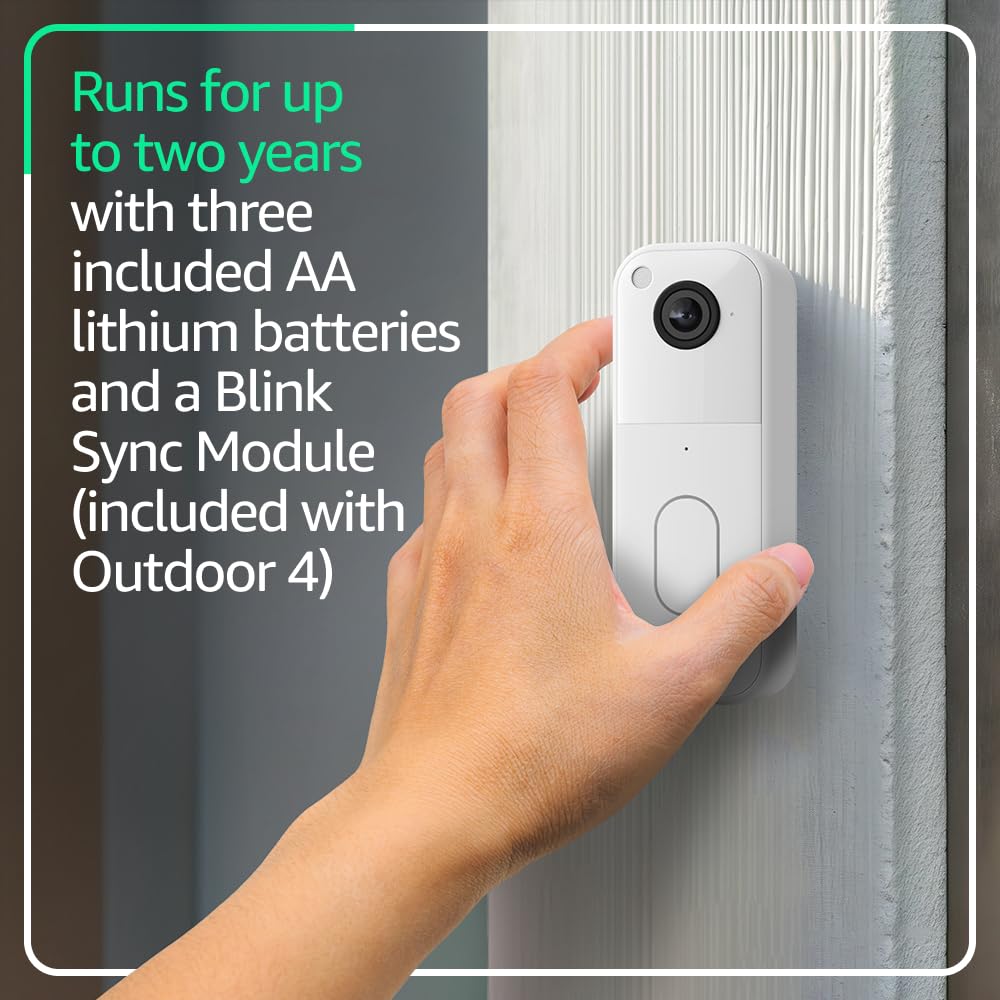 Blink Video Doorbell + Outdoor 4 – Wireless smart security cameras, head-to-toe HD view, two-year battery life. Sync Module Core included – 3 camera system + Video Doorbell