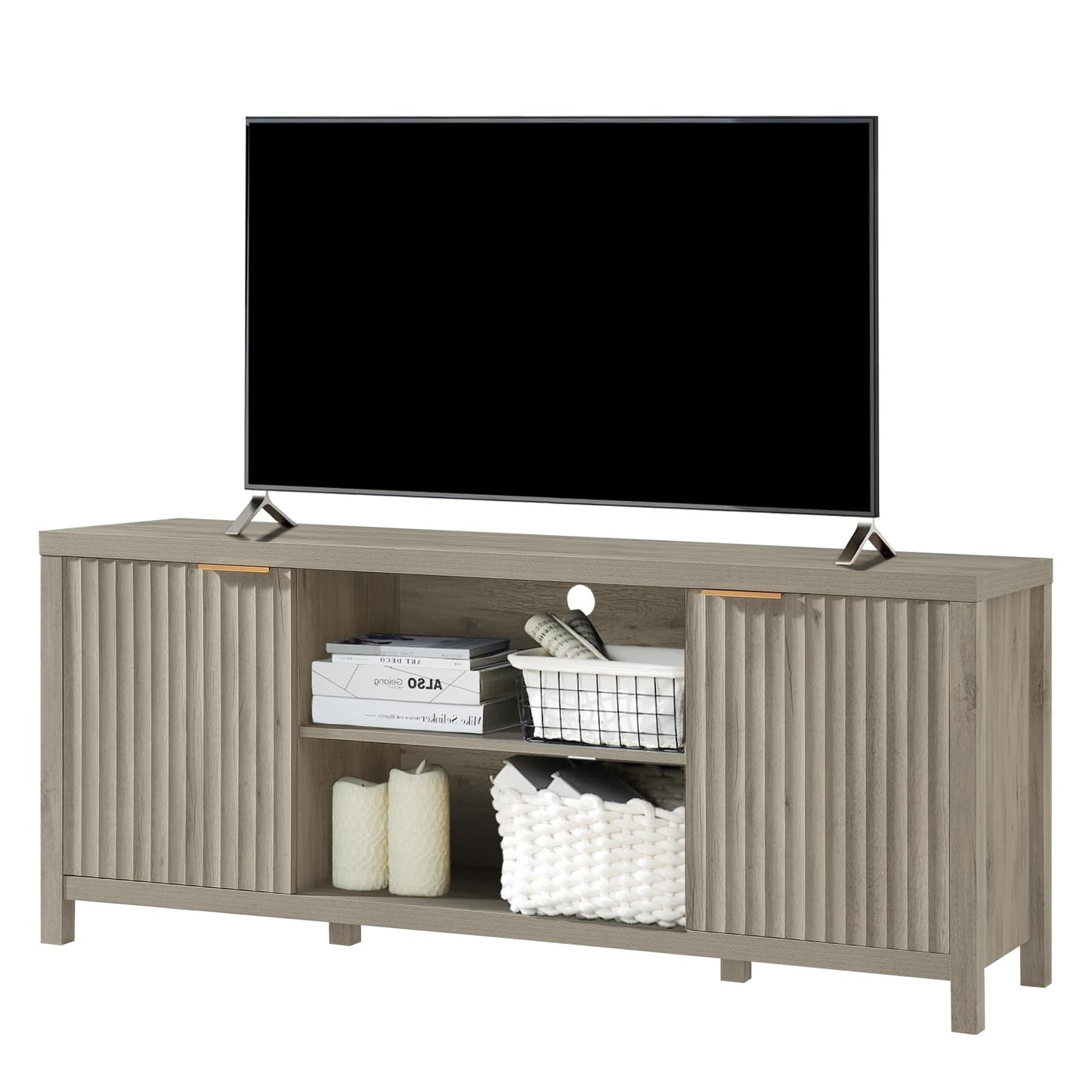 OAKHAM HOME Fluted TV Stands for Living Room, Heavy Duty Entertainment Center with Storage, Mid Century Modern Television Stands for 50/55/60/65 TV, Oxford Media TV Console (Medium,Grey Oak)