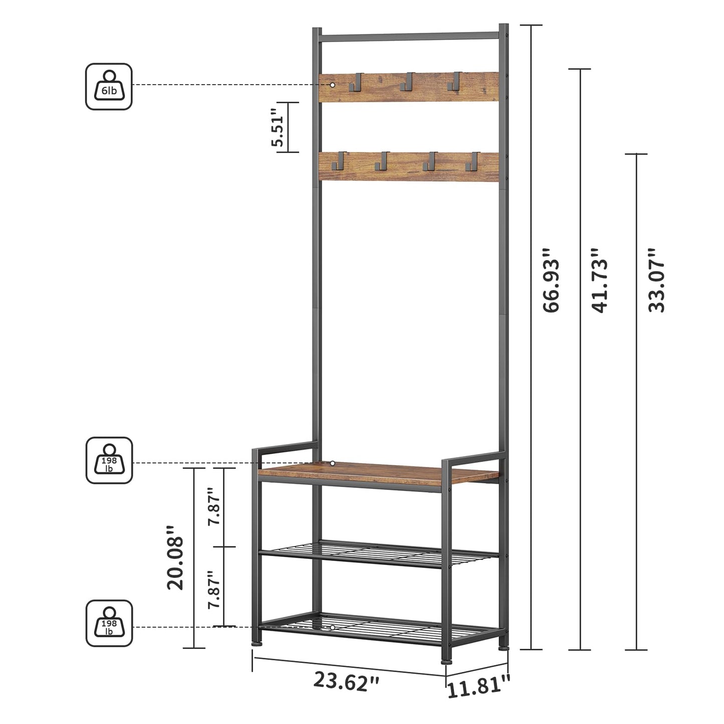 Leadpro Coat Rack Hall Tree with Shoe Storage, Entryway Hall Tree Storage Bench, Wood Look Accent Furniture with Metal Frame, 3-in-1 Design, Rustic Brown
