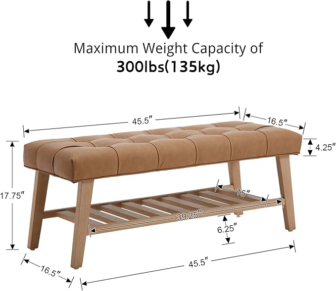 Janoray Entryway Shoe Bench Storage Benches with Upholstered Button Tufted Seat and Open Slatted Shelf PU Leather Ottoman Bench for Hallway Living Room Bedroom End of Bed, Brown