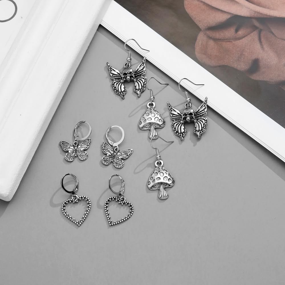 Gothic Earrings Set, Metal Punk Goth Vintage Silver Snake Spider Butterfly Dagger Dangle Drop Earrings for Women, Grunge Y2K Emo Jewelry Pack Party Costume Accessories (Style1)