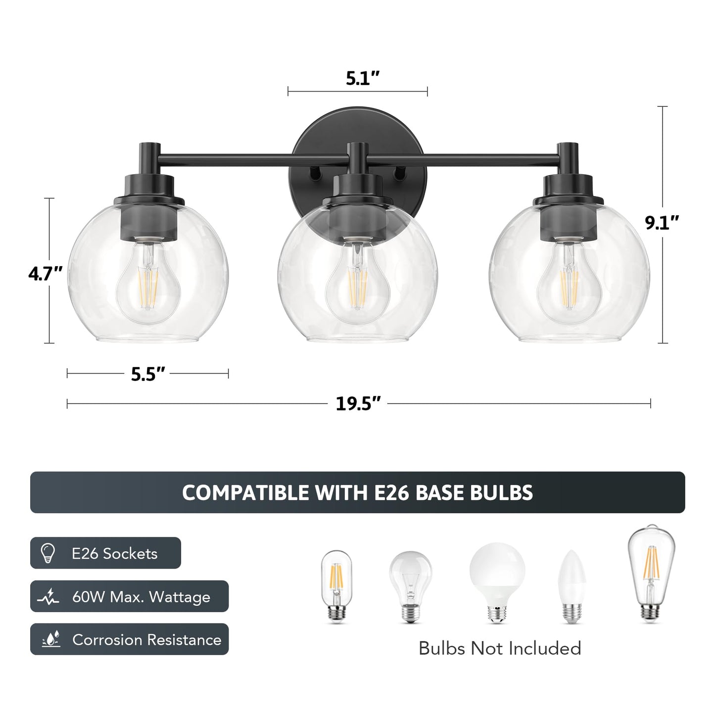 VONLUCE Bathroom Light Fixtures, 3-Light Vanity Light with Globe Glass Shades E26 Sockets, Bathroom Lights Over Mirror for Bedroom Hallway Living Room, Black Finish