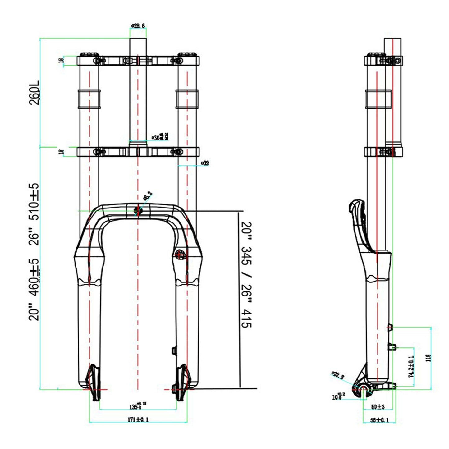 AUTES 20 inch 4.0" Fat Tire Electric Bike Air Suspension Fork, Spacing Hub 135mm 1 1/8 Straight Tube MTB Manual Lockout 9mm QR Mountain Bike Double Shoulder Ebike Front Forks(20"×4")