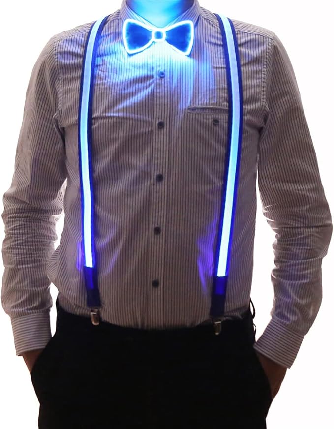 Brejkdo 2 Pcs/Set, Light Up Men's LED Suspenders And Bow Tie, Perfect for Music Festival Halloween Costume Party, Christmas