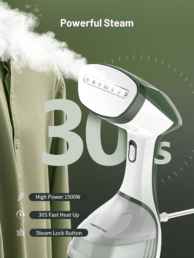 KEENSTAR Steamer for Clothes, Portable Handheld Garment Steamer, 1500W 2 in 1 Fabric Wrinkles Remover, 30-Second Fast Heat-up, 250ml Detachable Water Tank, Steam Iron for Home and Dorm