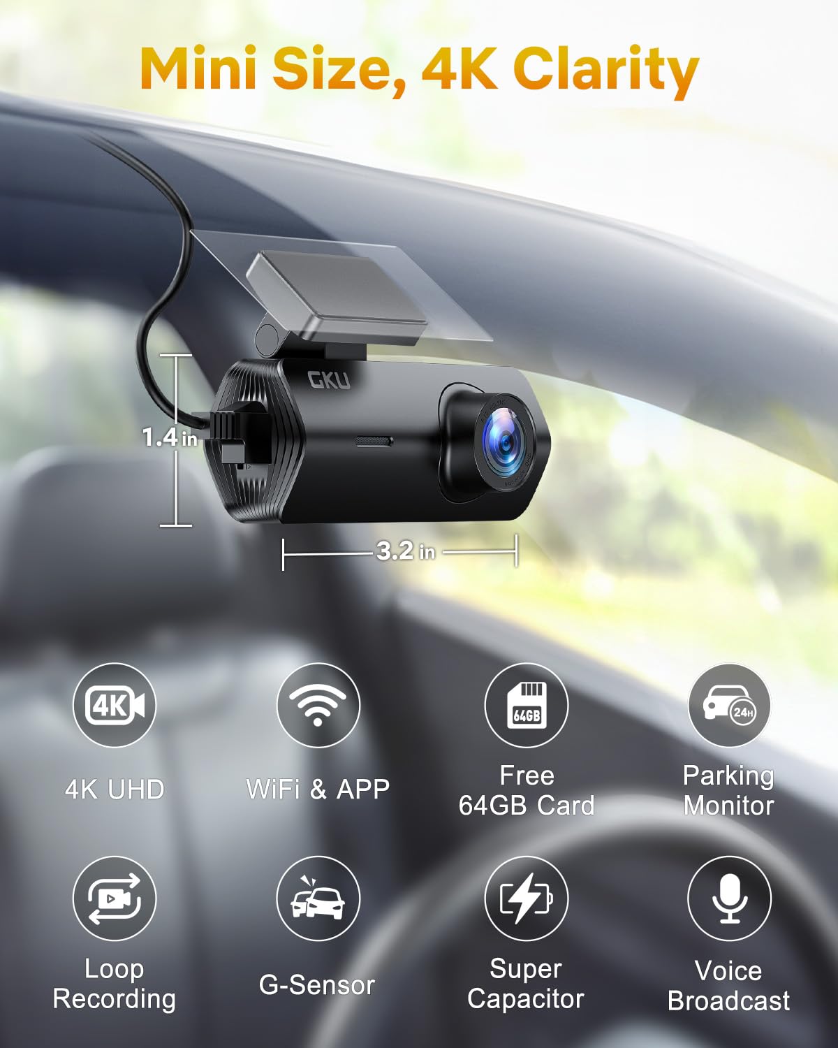 Gku 4K Dash Cam,Dash Cam Front With Uhd 2160P, Dashcam Built-In Wifi, 24H Parking Monitor,Night Vision,Wdr,170 Wide Angle,Loop R