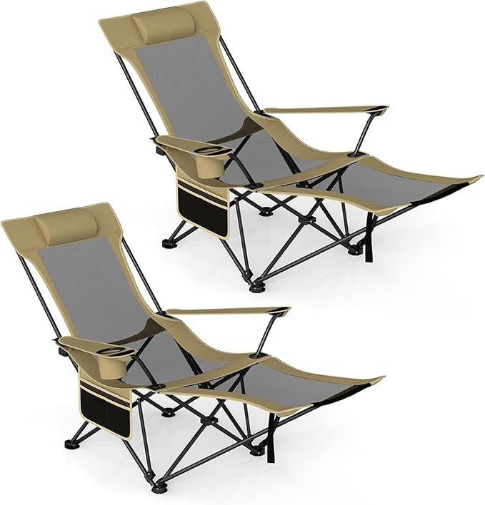 GYMAX Reclining Camping Chairs with Footrest, Lightweight Foldable Camping Chairs with Cup Holders, Adjustable Backrest, Headrest, Heavy Duty Camp Chair for Adult Outdoor Fishing Beach (Khaki,2)