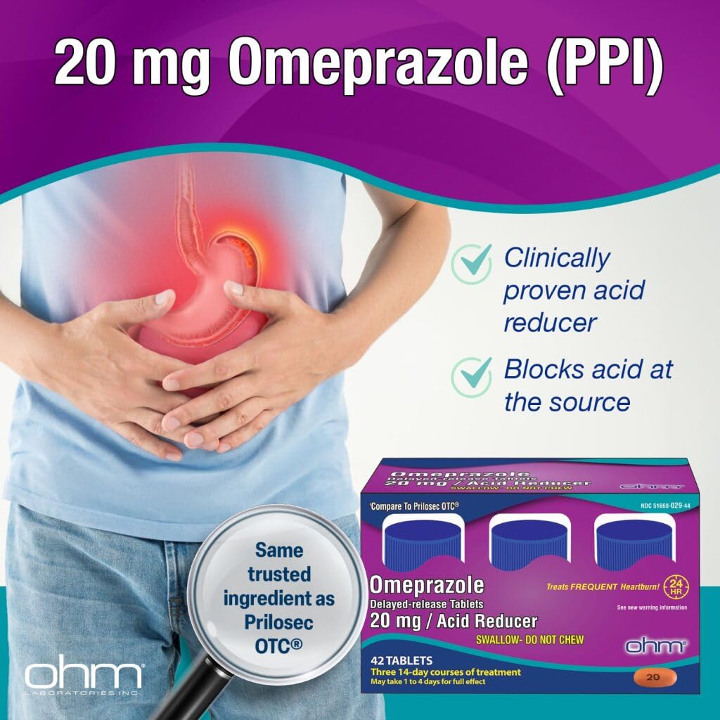 Ohm Omeprazole Delayed-Release Tablets, 20mg Acid Reducer, Treats Frequent Heartburn (12 Weeks of Supply, 84, Count)