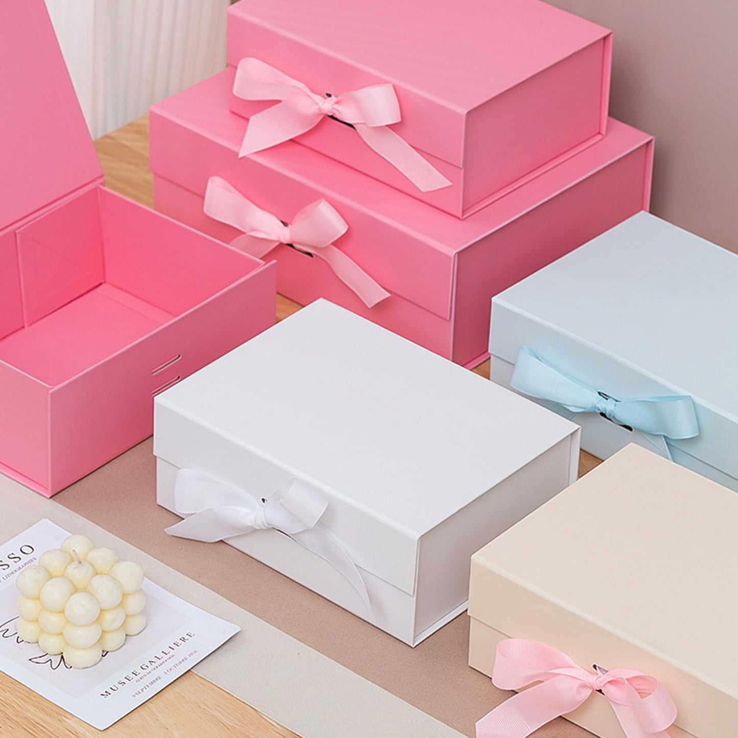 kaxilu Blue Gift Boxes with Ribbon Foldable Set of 5 Magnetic Gift Boxes for Luxury Presentations and Groomsmen Proposal, Glossy Finish,10.2x6.7x4.3 Inches