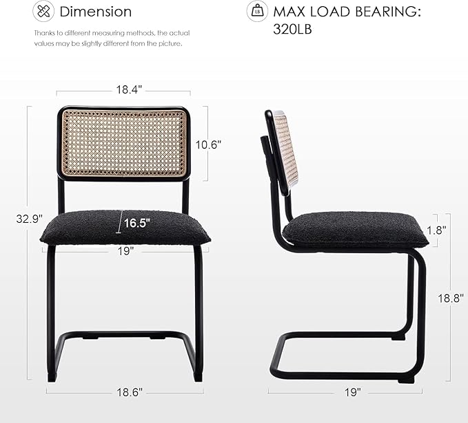 Zesthouse Rattan Dining Chairs Set of 6, Mid Century Modern Dining Chairs with Natural Cane Mesh & Matte Black Base, Black Cesca Chair Boucle Fabric, Farmhouse Kitchen Chair with Solid Wood Frame Back