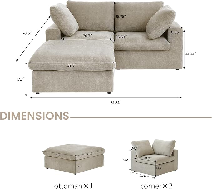 Cloud Couch Modular Sectional Sofa with Storage Ottoman,L Shaped Couch for Living Room,80.3" inch Down Filled 3 Seater Convertible Sectional Sofas for Office Apartment