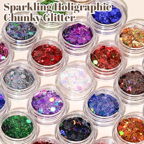 LEOBRO Glitter, 24 Jars Holographic Chunky Glitter for Crafts, Resin, Sequins for Crafts, Hair Face Body Makeup Nail, DIY ...