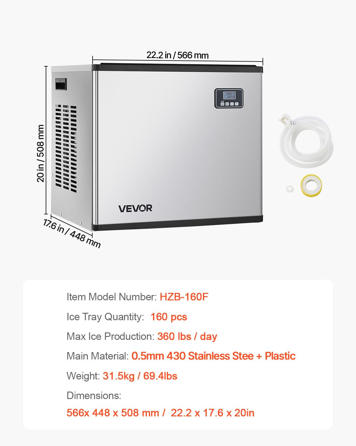 VEVOR Commercial Ice Maker Machine - Head, 360 Lbs/Day Stainless Steel Ice Machine with Self-Cleaning, Scheduled Ice-Making, Adjustable Thickness, Ideal for Restaurant Bar Cafe Hotel - Head Only