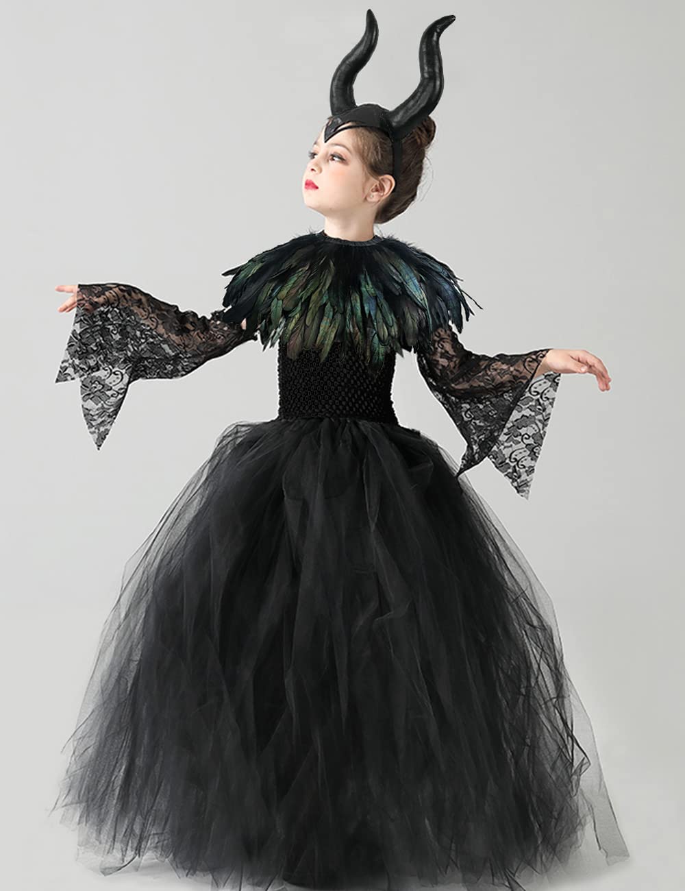 L'VOW Flower Girls Dress Princess Lace Tutu Tulle Dresses for Halloween with Demon Horns Feather Cape Costume Set-100