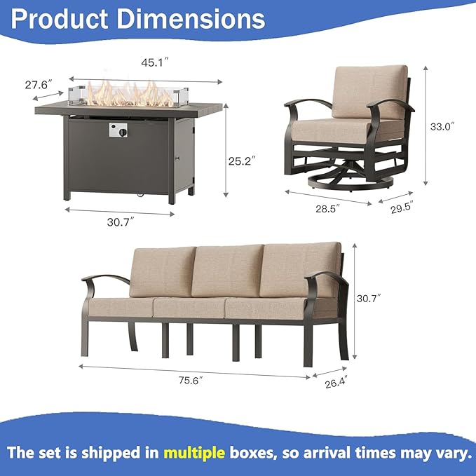 RTDTD Aluminum Outdoor Patio Furniture Set,4 Pieces 5 Seats Patio Conversation Sets with 45" Propane Fire Pit Table,Metal Patio Sectional Furniture Set with 2 Swivel Rocking Chairs,Sand