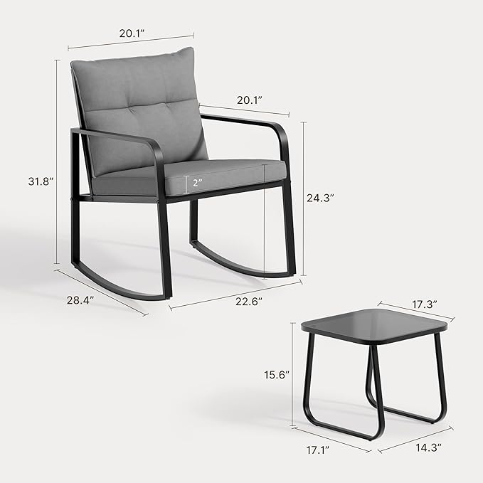 Gizoon 3 Piece Rocking Bistro Set, Black Steel Patio Furniture, Porch Chairs Conversation Set with Glass Coffee Table, Back Cushion, for Balcony, Garden, Deck, Backyard, Grey