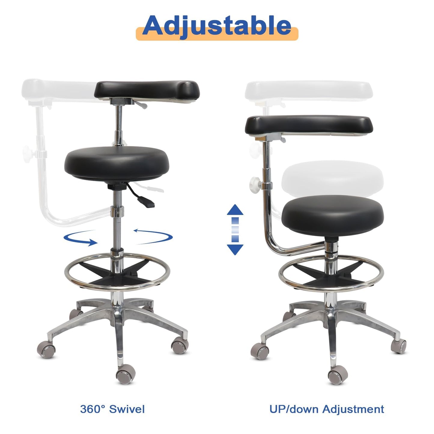 LIMKOMES Round Rolling Stool with Seat and Footrest Dental Chair with Rotatable Armrests for Dentist Office Shop Home