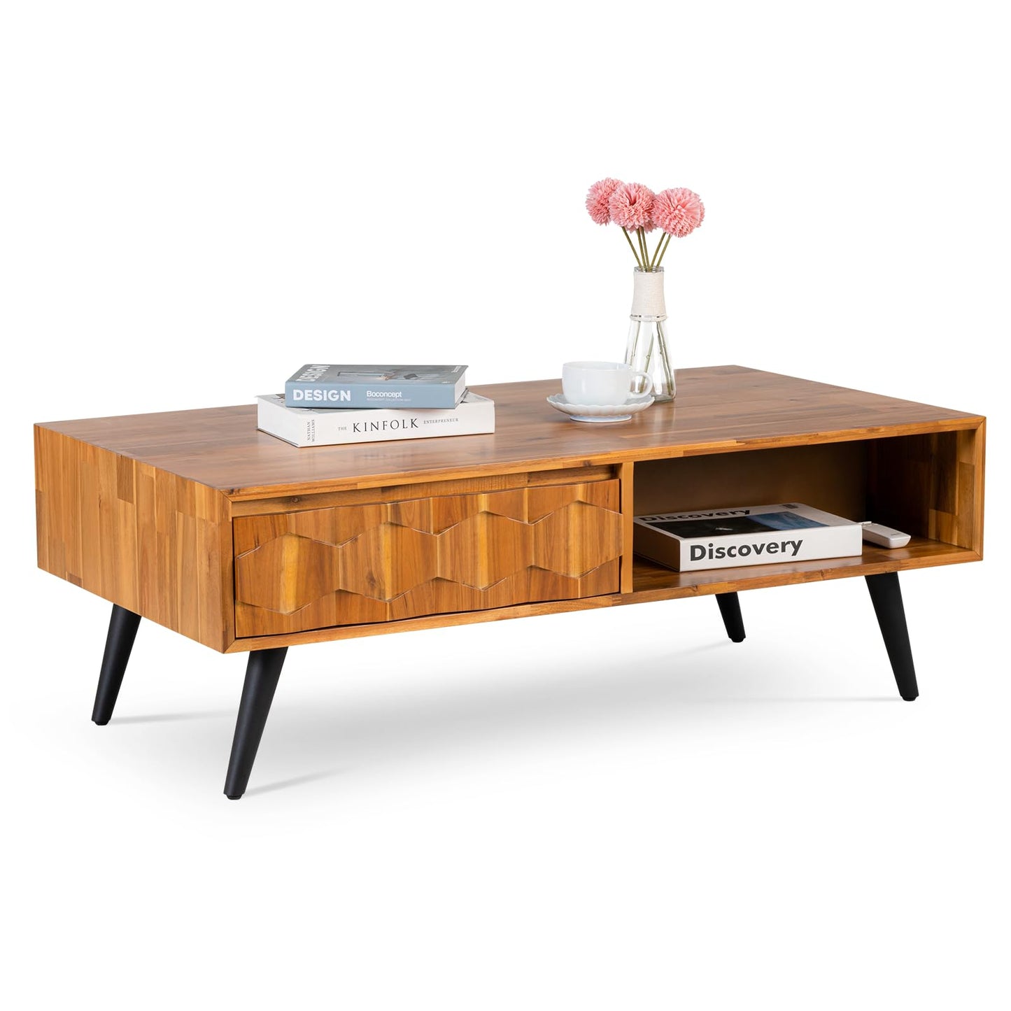 Bme Georgina Solid Wood Coffee Table, 2 Drawers & Open Shelves, Mid Century Modern Center Table, 110 cm, Teak Brown, Pre-Assembled
