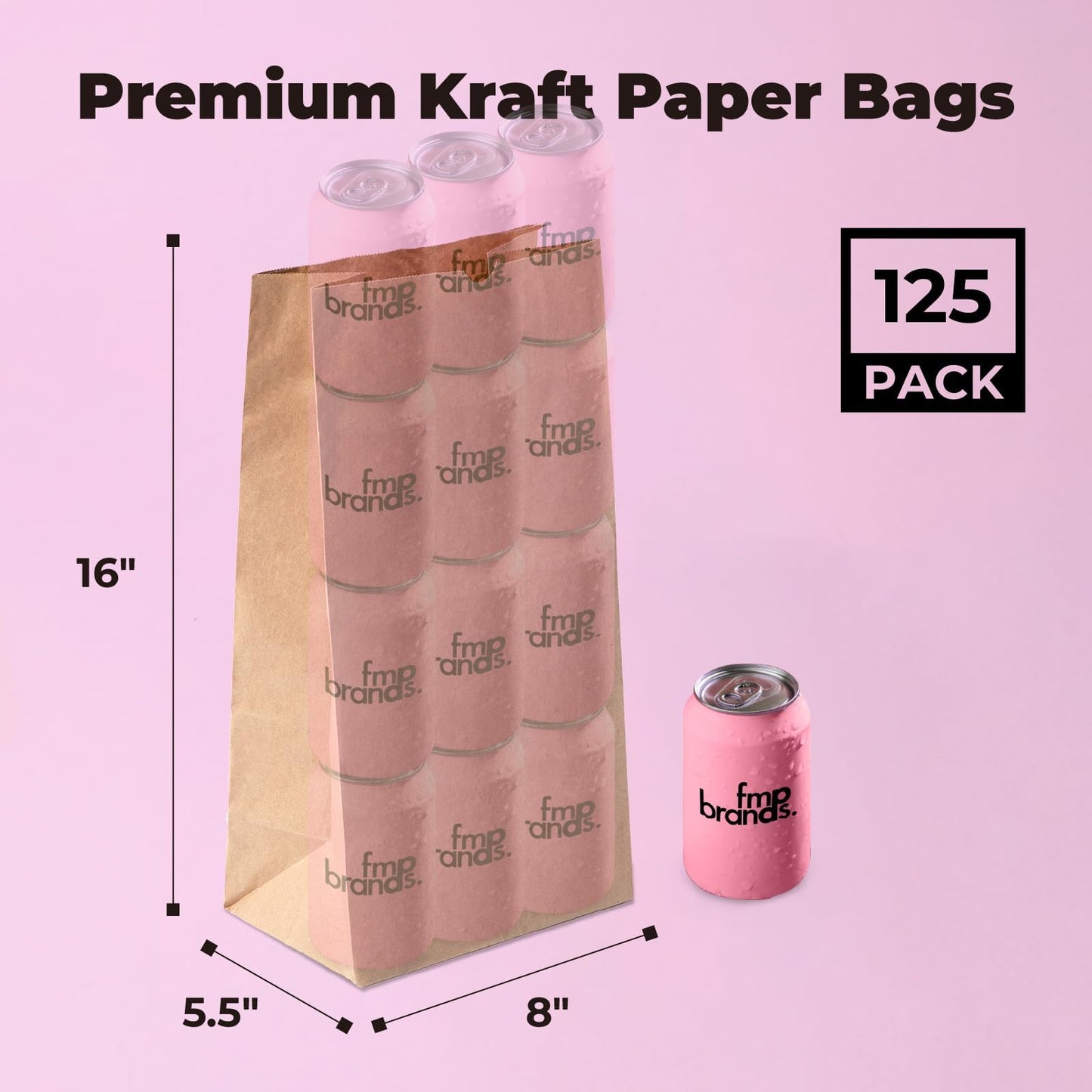Fit Meal Prep 125 Pack 20 lb Large Brown Paper Bags, 16 x 8 x 5.5” Durable Kraft Paper Bags Bulk for Packing, Delivery, Take Out, Grocery, Retail Shopping, Premium Big Size Sacks for Shopping