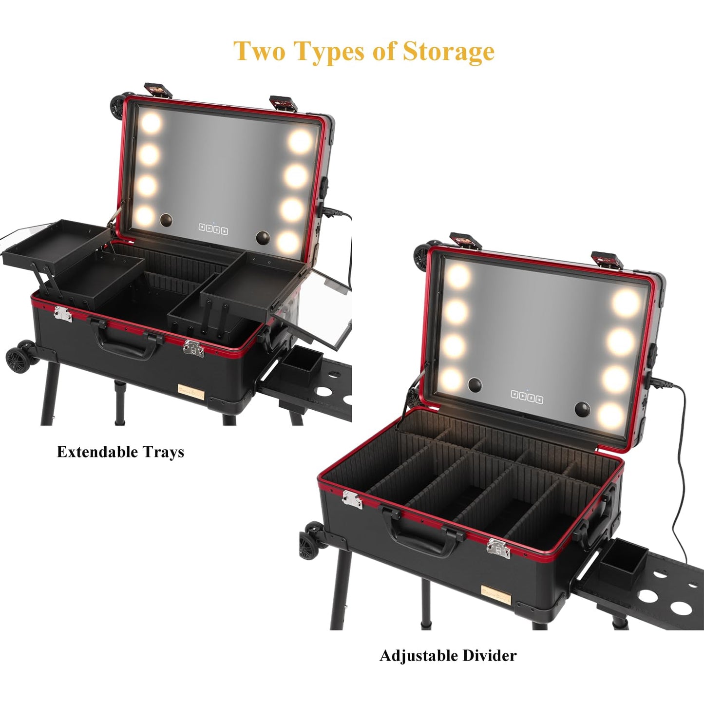 Tense Edano 20" Aluminum Ligthed Makeup Train Case with LED Lights Professional Cosmetic Organizer Studio with Speaker, Wheels and Stands Rolling Trolley Makeup Vanity Station for Travel (Black)