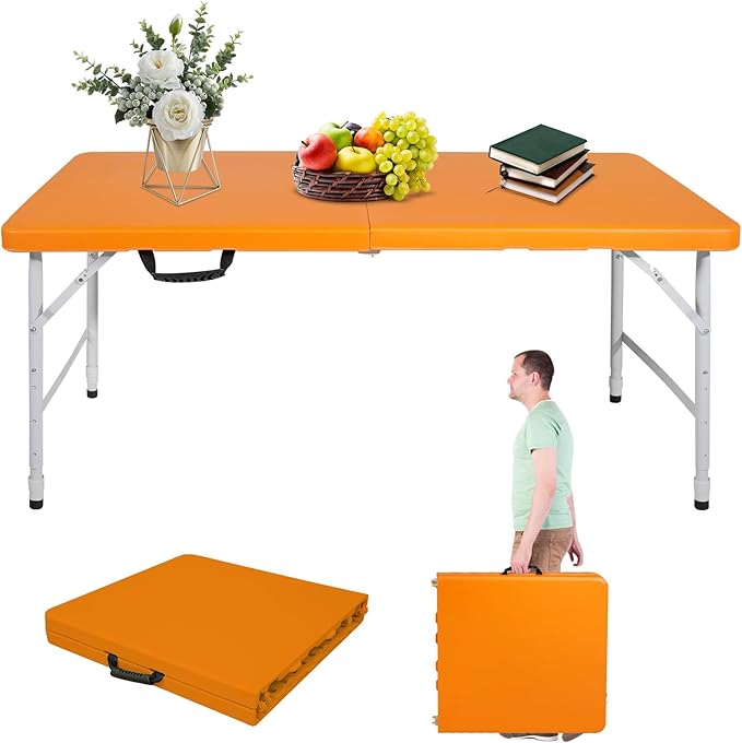 LSKSSNG Portable 4Ft Folding Table, Heavy Duty Plastic Fold-in-Half Utility Foldable Table Small, Adjustable Height Plasti...