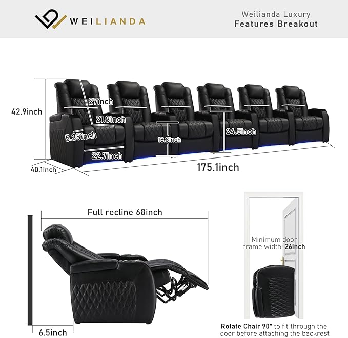 Weilianda Home Theater Seating Top Grain Leather Zero Gravity Recliner Chair Power Headrest Recline Movie Seat Gaming 7 Colors Mood Light Sofa with Tray Table USB Charge Row of 6 Black