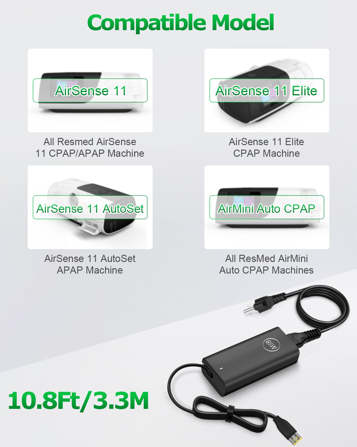 ResMed AirSense 11 Power Cord 65W 24V 2.71A Power Supply Charger for ResMed AirSense 11 Supplies S11 AirMini AutoSet Elite CPAP Machine Air11 39205 E1399 390000 390010 R390-7230 AC Adapter 10.8FT