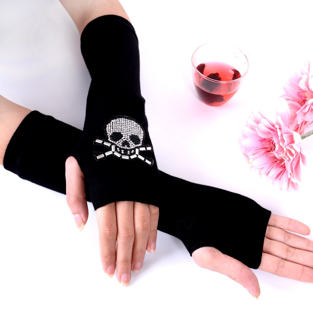 JISEN Women Punk Winter Arm Warmer Knitted Stretchy Soft Fingerless Gloves Black B