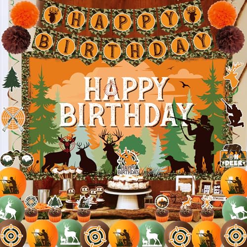 Holkcog Hunting Birthday Decorations, Hunting Deer Party Decorations, Camo Camping Picnic Hunting Birthday Banner Honeycom...
