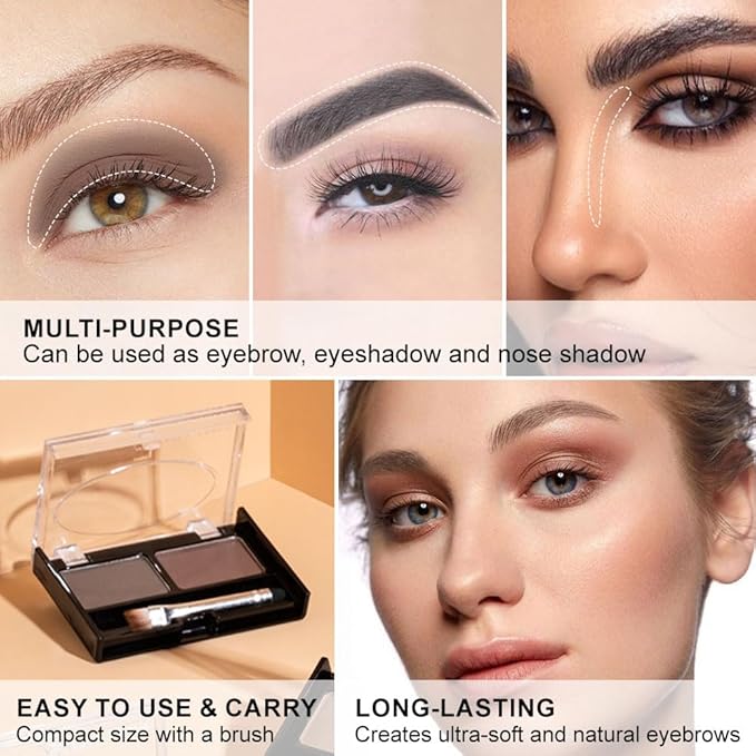 Black Brown Eye Brow Powder Kit for Women, Medium Coffee Dark Gray Eyebrow Powder Palette with Brush, Brow Color Filler Get Full Defined Natural Brows, Highlight Contour sombra para cejas, Vegan