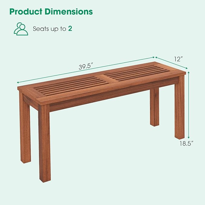Tangkula Patio Wood Bench, 2-Person Solid Wood Bench with Slatted Seat, 39.5" Long Loveseat with Stable Wood Frame, Indoor Outdoor Dining Bench for Backyard, Poolside, Entryway (1)