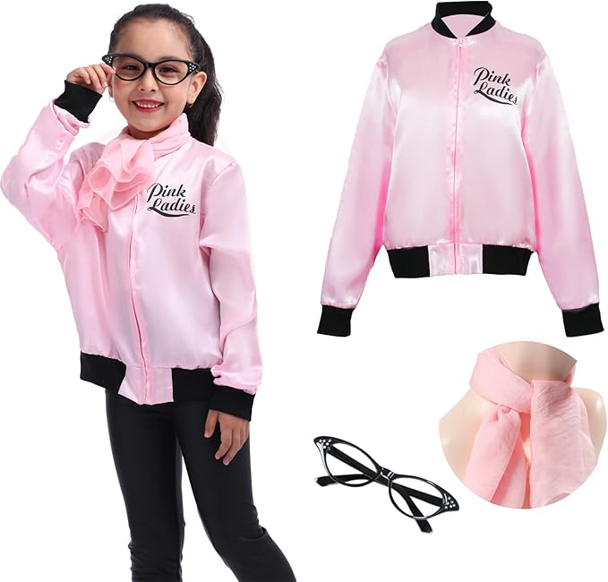 Leadtex 1950s Girls Party Pink Ladies Jacket Grease Costume with Chiffon Pink Neck Scarfs and Black Cat Eye Glasses