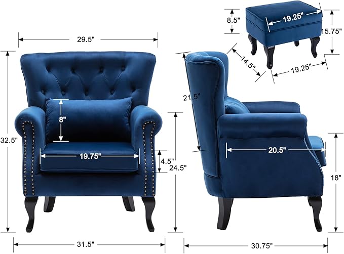 DM Furniture Accent Chairs with Ottoman Set of 2 Velvet Wingback Club Chair Upholstered Reading Chair Lounge Chairs with Wood Legs/Button Tufted Back for Bedroom Living Room, Blue