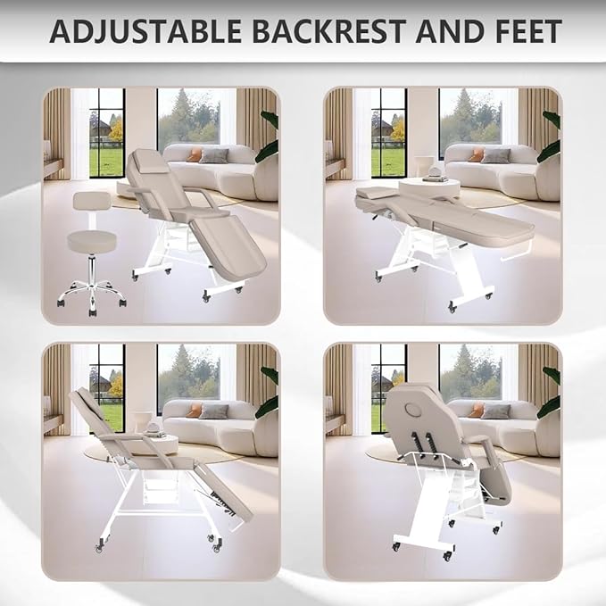 Facial Chair with Wheel Tattoo Bed with Stool for Client Beauty Artist Spa Bed Removable Headrest for Esthetician Gray