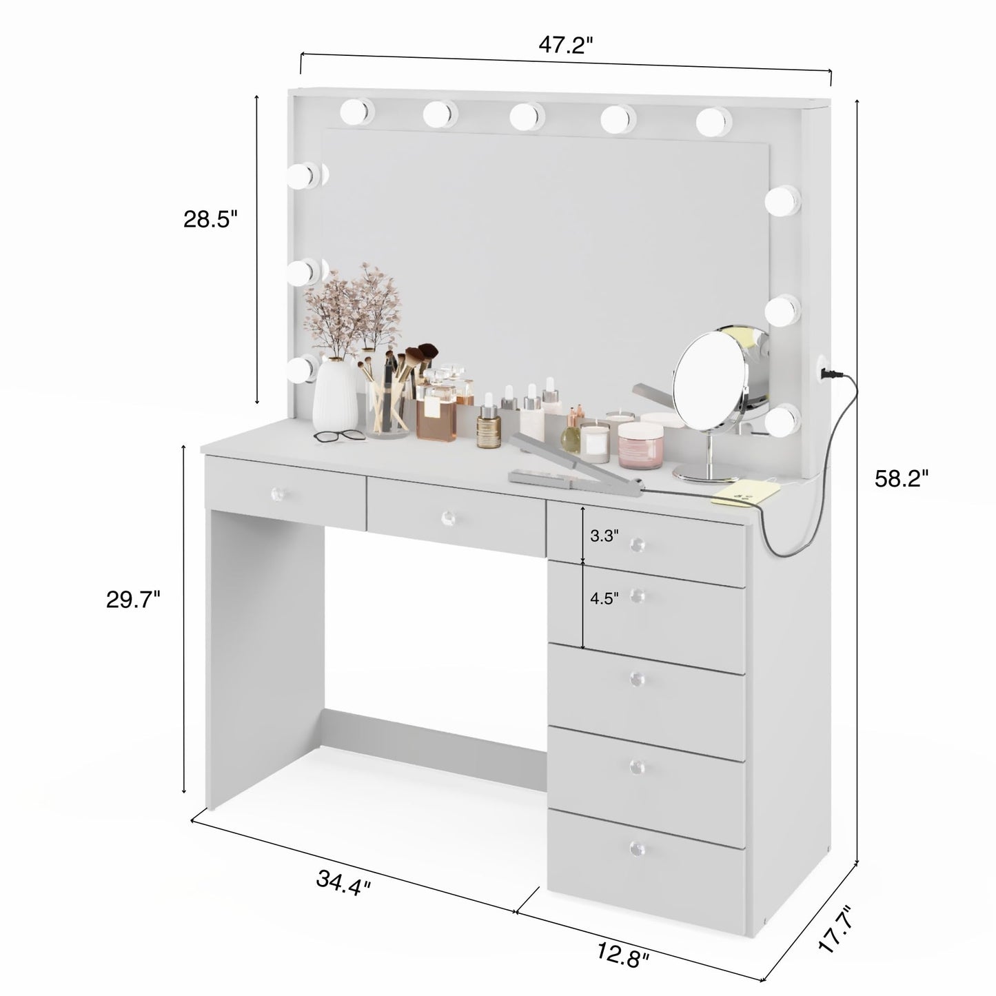 Boahaus Diana Premium White Makeup Vanity Desk with New Built-in Lights, 7 Drawers, USB Type-C & Type-A Ports, 110V Power Outlet, and Crystal Knobs – Upgraded Vanity Table for Bedroom