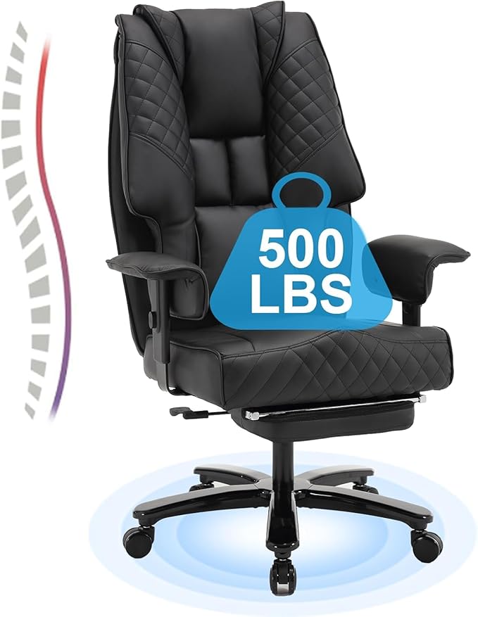 500lb Big and Tall Office Chair, Reclining Office Chairs with Footrest, High Back Leather Executive Computer Chair with Wheels Recliner Home Desk Chairs with Lumbar Support for Heavy People,Black