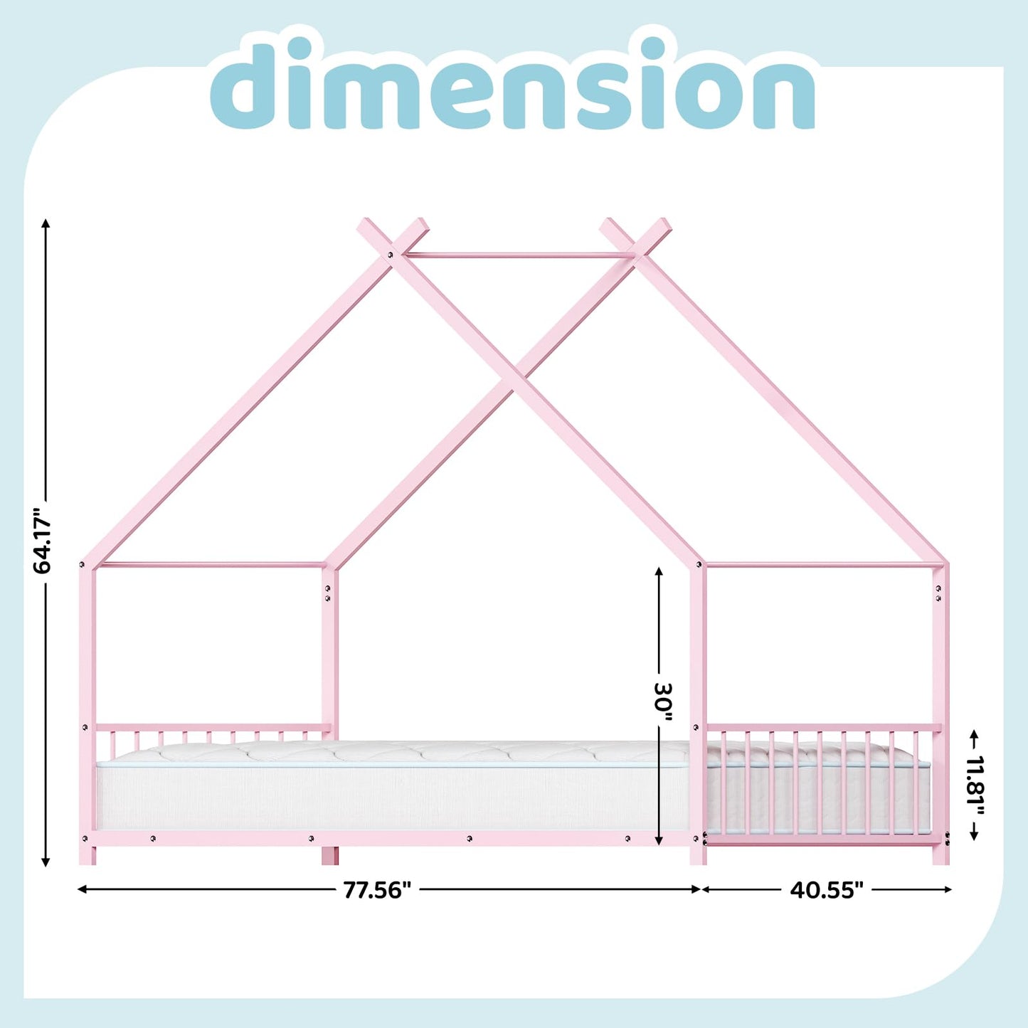 Ynredee Twin Wood House Bed,Floor Bed with Wood Slats,Metal Canopy Frame,Platform Bed with Headboard & Footboard for Boys Girls Teens,No Box Spring Needed (Pink)