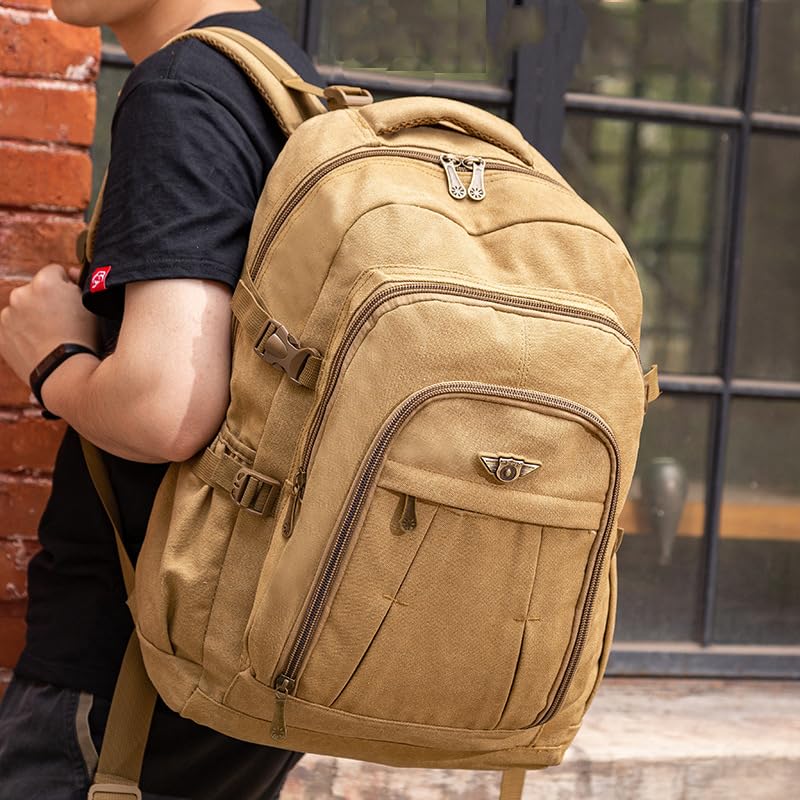 Men's Canvas Travel Backpack, Large 50L Hiking Daypack with Multiple Compartments, Heavy Duty Rucksack, Brown(50L)