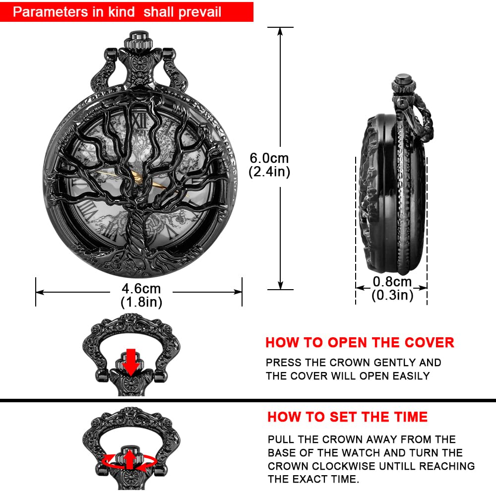 Tiong Pocket Watch Hollow Tree Design Roman Numerals Quartz with Chain Birthday Gifts(Black)