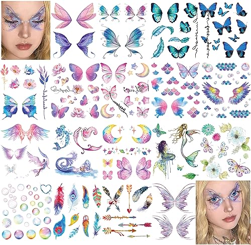 18 Sheets Glitter Temporary Tattoos for Women, Rosymormor Fairy Butterfly Flower Fake Tattoos for Party Favors, Face Glitt...