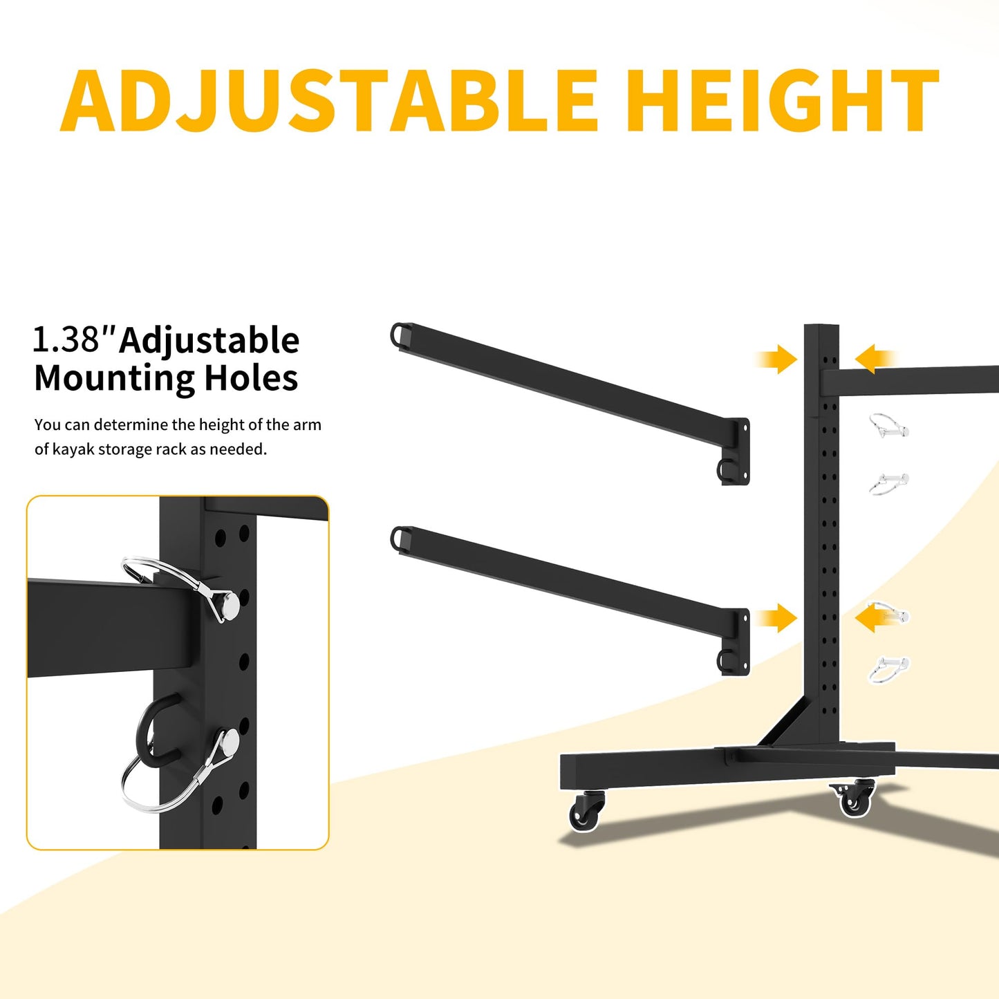 Reegangfa Freestanding Kayak Storage Rack, 2-Capacity Heavy Duty Metal Kayak Stand for Outdoor and Indoor, Adjustable Kayak Holder with Wheels, Canoe Rack for SUP, Sled, Paddle Board, Surfboard,Garage