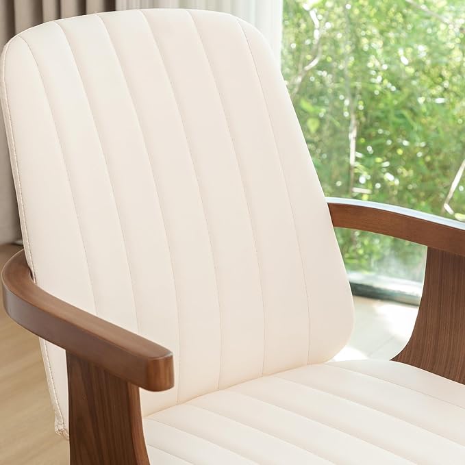 WUPOTO Set of 1 Swivel Dining Chair, Mid Century Modern Dining Chair with Walnut Craftsmanship, Upholstered Faux Leather, Wooden Arms and Legs, Kitchen Chair with Arms for Kitchen/Living Room - Beige