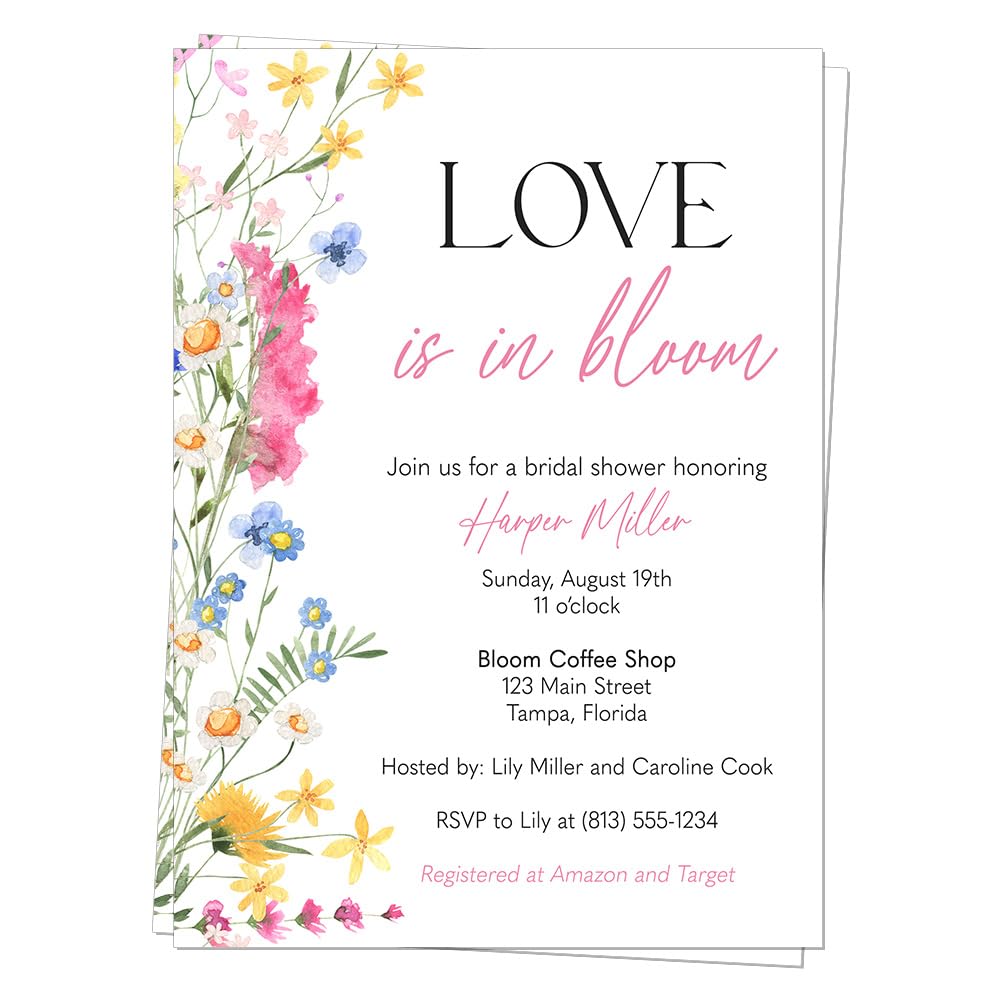 Love Is In Bloom Bridal Shower Invitations With Envelopes Customizable Personalized Invites (12 count)