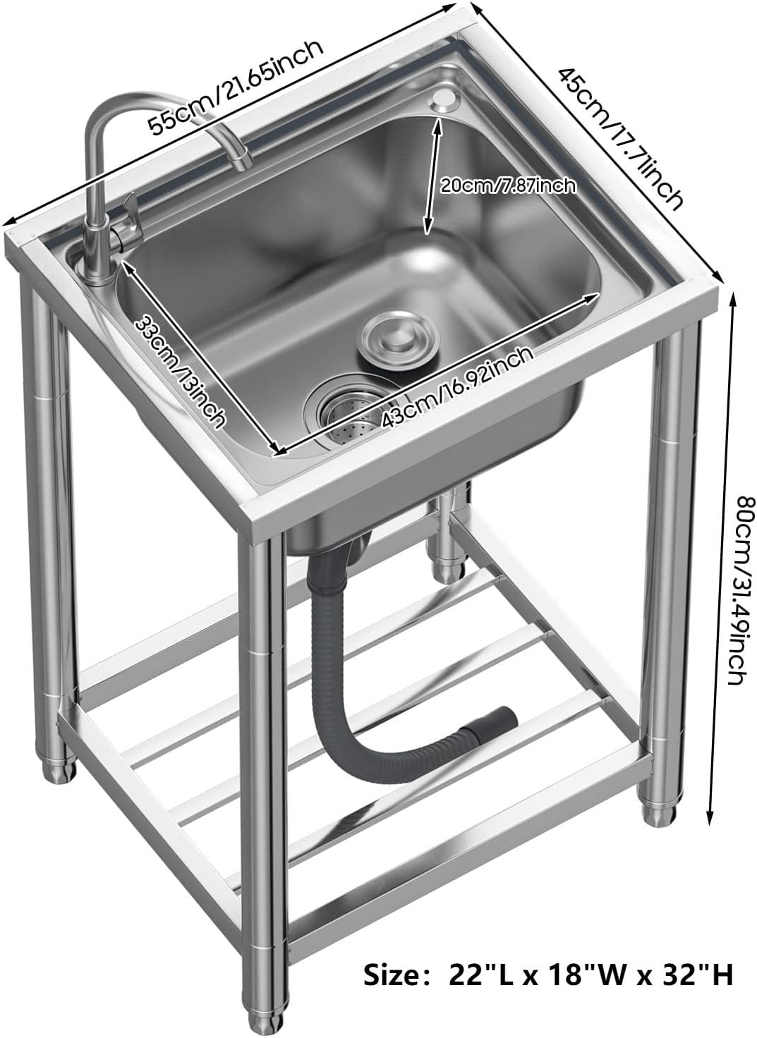DuyviSteil Stainless Steel Single Bowl Commercial Restaurant Kitchen Sink, Free Standing Utility Tub Sink with Quick Connect Drain for Laundry Room Bathroom Farmhouse (22in)
