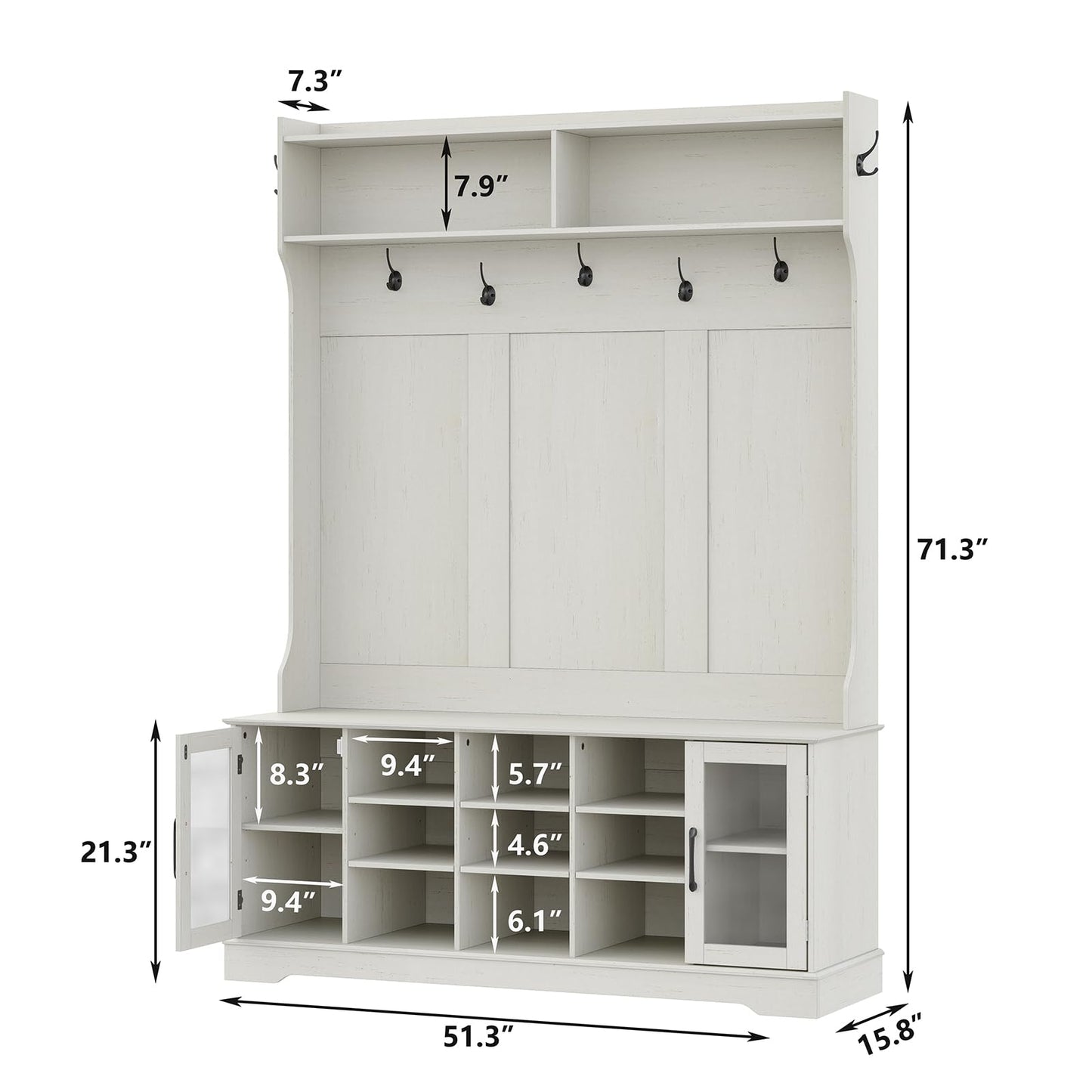 Furnihold 51.3'' Hall Tree, Off White Entryway Bench with Coat Rack, 10 Shoe Storage & 7 Coat Hooks & Adjustable Shelf, Glass Door Farmhouse Wooden Style Hall Tree with Shoe Storage Bench